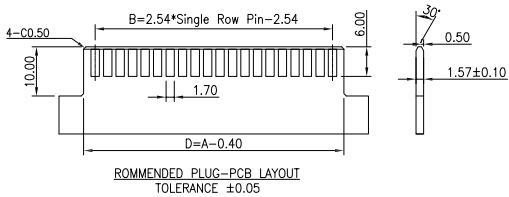 CONSHARE CRPS series 2.54mm vertical DIP card edge power connector recommended plug PCB layout drawing with &plusmn;0.05 tolerance & 4&times;Φ0.50 positioning hole dimension