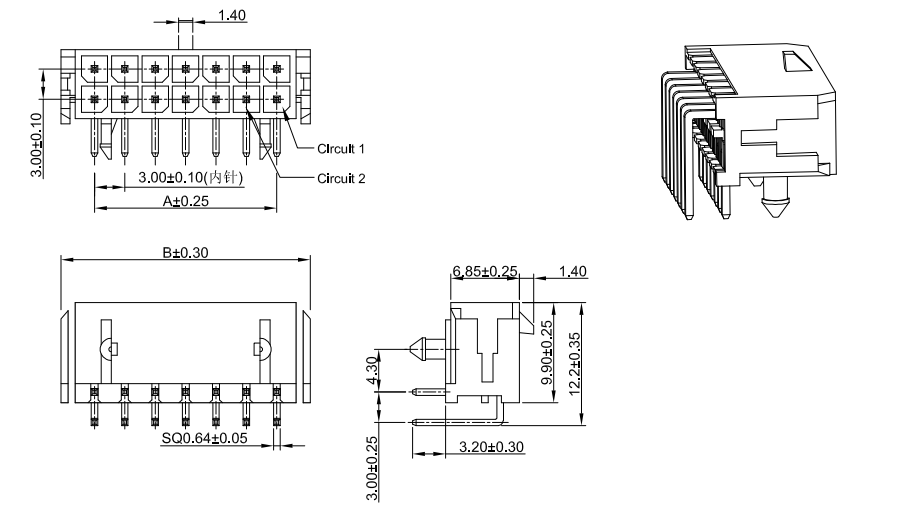 MX3.0mm dual row right angle header mechanical drawing with pin spacing SQ0.64 and mounting height by CONSHARE