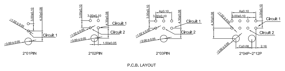 CONSHARE 3.00mm wafer connector PCB layout footprint diagram for 2x1 to 2x12 pin configurations