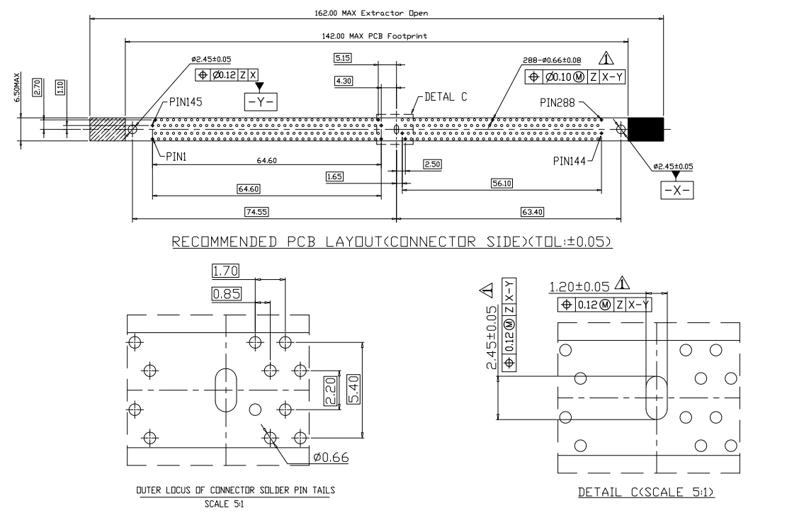 Recommended PCB footprint drawing for CONSHARE DDR4 288-pin through-hole slot with drill holes and solder pin locus.