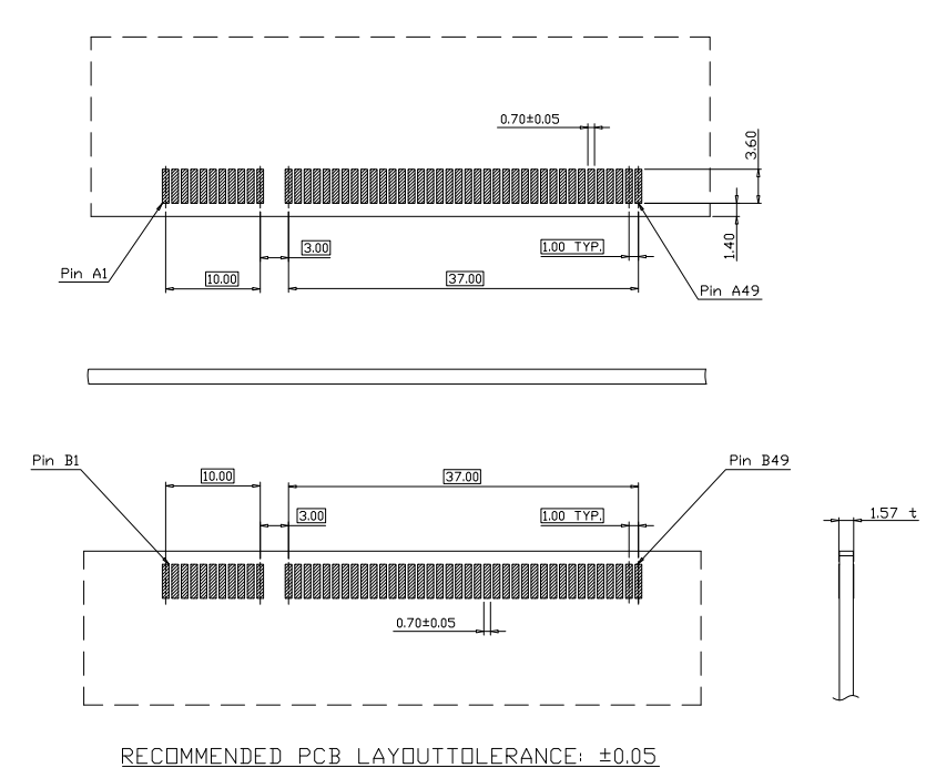 PCIe Gen 4.0 98-pin connector recommended PCB layout showing Pin A1 to A49 and Pin B1 to B49 footprint with 1.0 mm pitch
