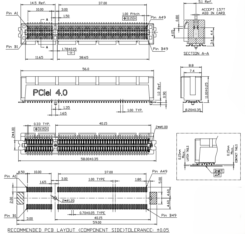 BR0981X52XXXX PCIe Gen4 98-pin SMT connector recommended PCB layout and mechanical dimensions