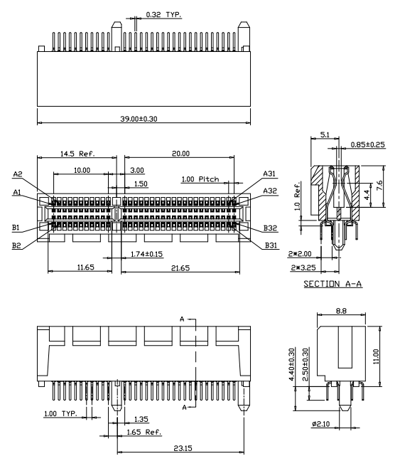 Recommended PCB layout for CONSHARE PCIe 64-pin slot connector showing card-edge pad pattern on primary and secondary sides, plus 64-hole component-side drilling pattern with two &Oslash;2.35 mm post positions