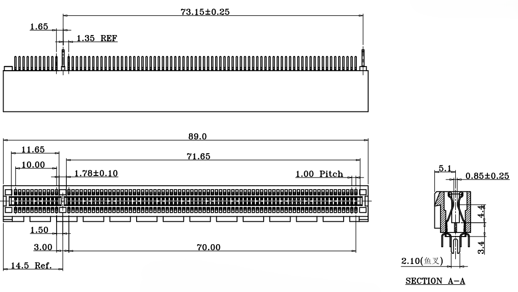 BR1641A21K1CR PCIe 164-Pin traditional ribbed fork connector dimensional drawing — 89.0mm overall length, 73.15mm pin row, 1.0mm pitch through-hole DIP configuration with section A-A fork contact detail