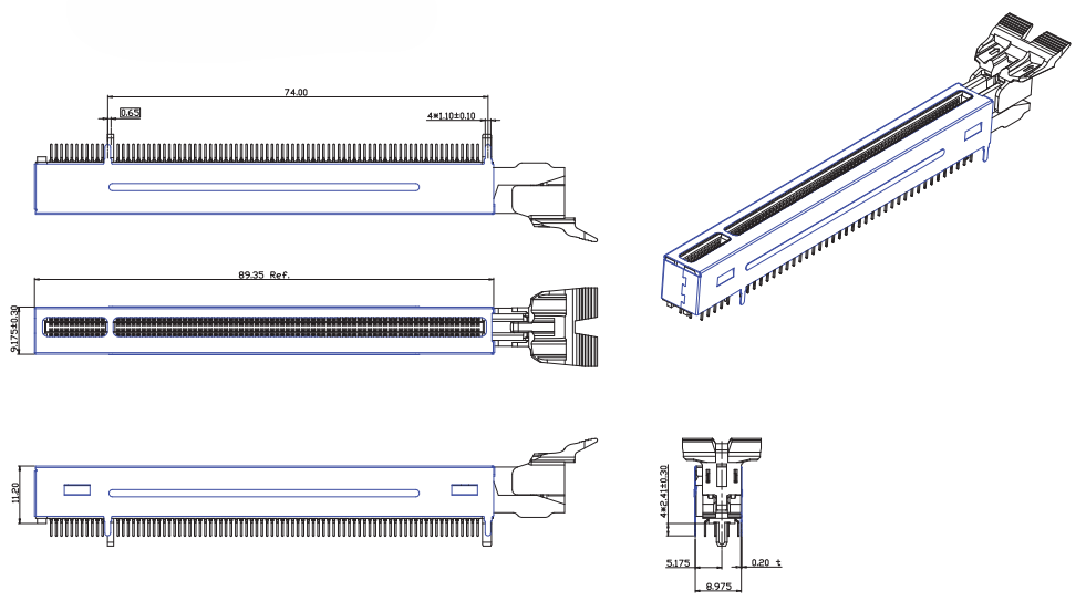 3D isometric view of the CONSHARE PCIe Gen 4 x16 164-pin card-edge connector with full metal shield shell and latching mechanism