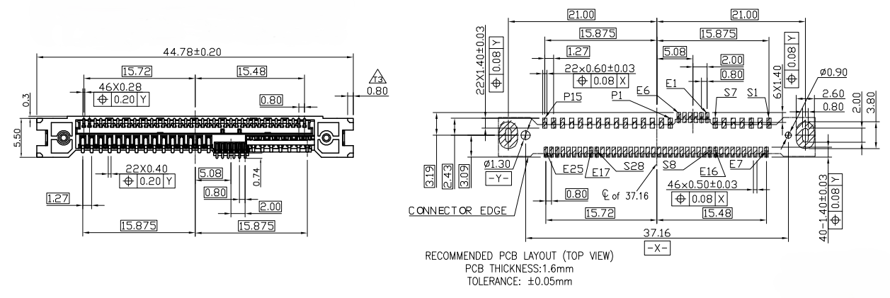 Recommended PCB footprint layout for CONSHARE PCIe SAS 68‑pin vertical SMT connector with pad dimensions