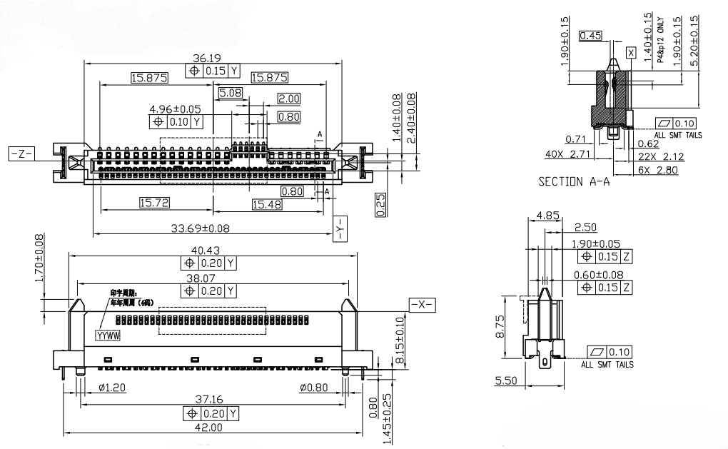 Outline dimensions and cross-section view of CONSHARE PCIe SAS 68‑pin vertical SMT receptacle connector