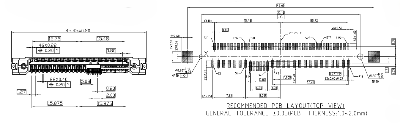 Recommended PCB layout top view for PSAS 68PIN vertical SMT receptacle connector showing pad dimensions, footprint pattern, and general tolerance specifications for PCB thickness 1.0 to 2.0mm