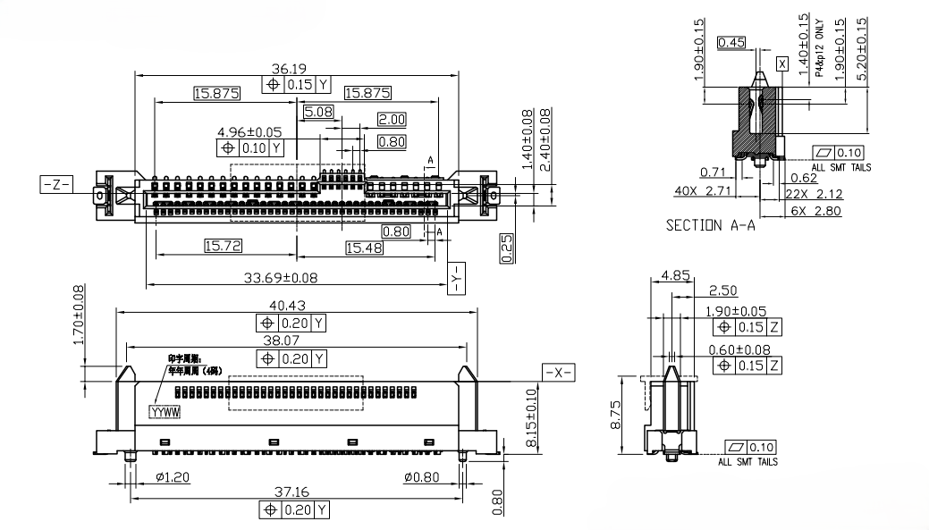 PSAS 68PIN vertical SMT receptacle mechanical dimension drawing showing overall height, width, depth, pin pitch, SMT tail positions, and key reference datums for PCB mounting