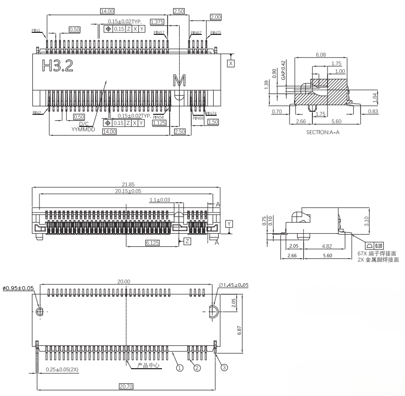 M.2 H3.2 M-Key Gen4 connector mechanical drawing with pin layout and key dimensions for CONSHARE CUF015G67M108