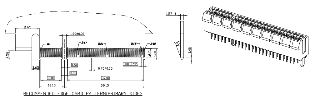 CONSHARE PCIe 98P recommended edge card pattern primary side and 3D connector view for BR09801A5K1ER BR09801G5K1ER