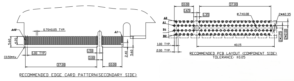 CONSHARE PCIe 98P recommended PCB layout component side and secondary edge card pattern with plus minus 0.05 mm tolerance