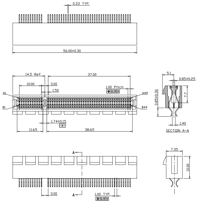 CONSHARE PCIe 98P clamp-type connector mechanical drawing showing 56.00 mm body length, 1.00 mm pitch, 7.35 mm height, and dual-row pin layout A1-A49 / B1-B49