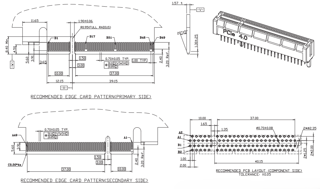 Recommended edge card pattern and PCB layout for CONSHARE PCIe Gen4.0 98-pin slot connector, primary and secondary side component-side reference.