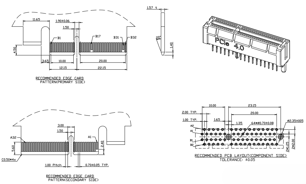 CONSHARE BR0641X40K1XX PCIe Gen4.0 64P DIP connector recommended edge card pattern and PCB footprint layout