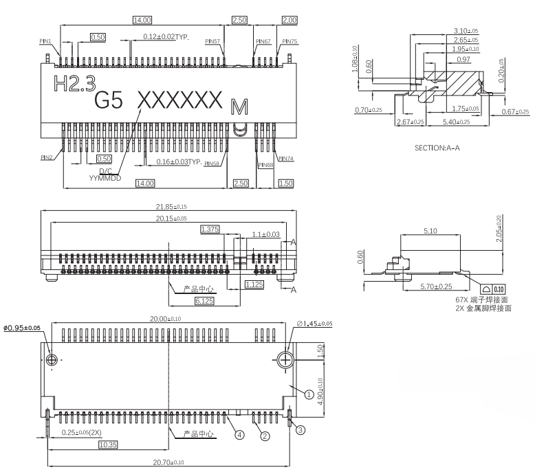 CONSHARE CUF026G67M108 M.2 Gen5 M Key connector, 0.5mm pitch, H2.3mm height, 67-position engineering drawing