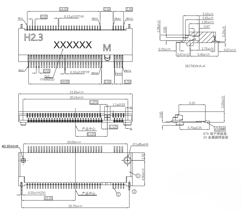 CONSHARE CUF020G67M108 M.2 Gen4 M Key connector, 0.5mm pitch, H2.3mm height, 67-position engineering drawing