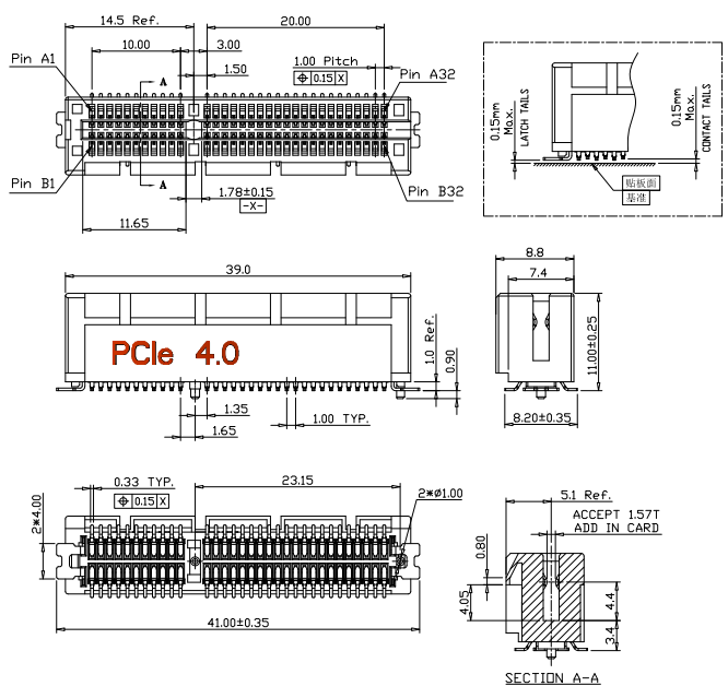 PCIe Gen4 64P SMT connector mechanical drawing showing 64-pin layout, 1.00mm pitch, and 41mm overall length