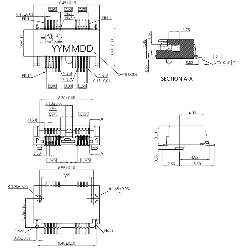 M.2 3.2H 20PIN connector mechanical dimensions — top, side, and bottom views showing 10.45mm &times; 8.70mm footprint, 3.2mm stacking height, and 20-pin layout by CONSHARE