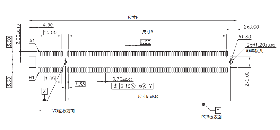CONSHARE PCIe 4.0 SMT connector PCB mounting footprint drawing showing I/O panel direction, non-welding retention holes, and lead-to-PCB surface relationship.