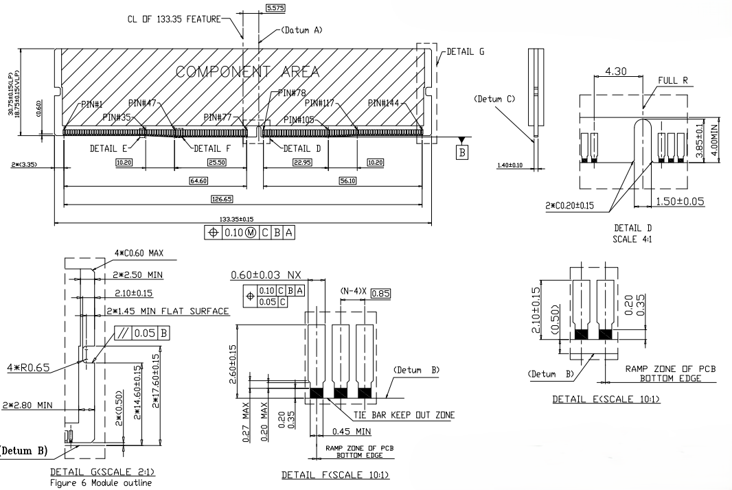 Component area and module outline for CONSHARE DDR4 288P memory socket, showing latch detail and contact ramp zones