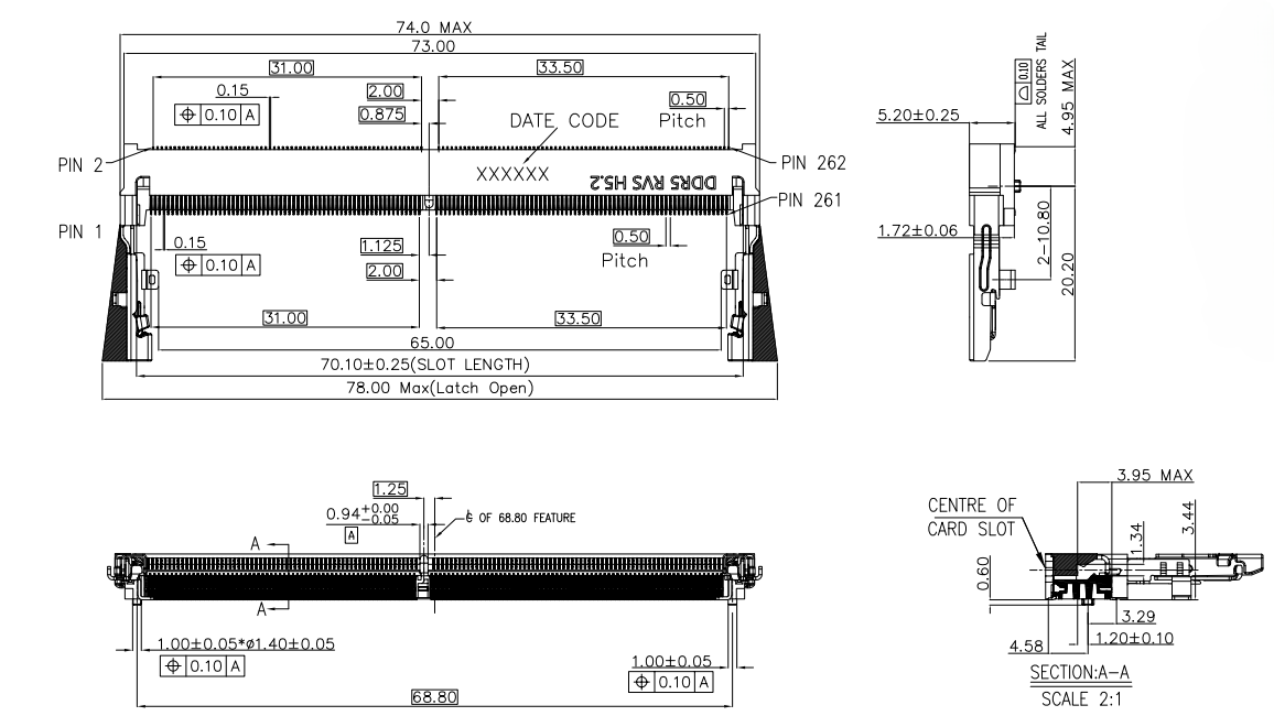 CONSHARE CUR003H52RSXX DDR5 SODIMM 262-pin RVS connector 5.2H side view and slot length dimensions