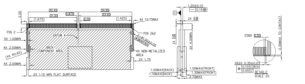 CONSHARE CUR003H52RSXX DDR5 SODIMM 262-pin RVS connector contact array and pin layout