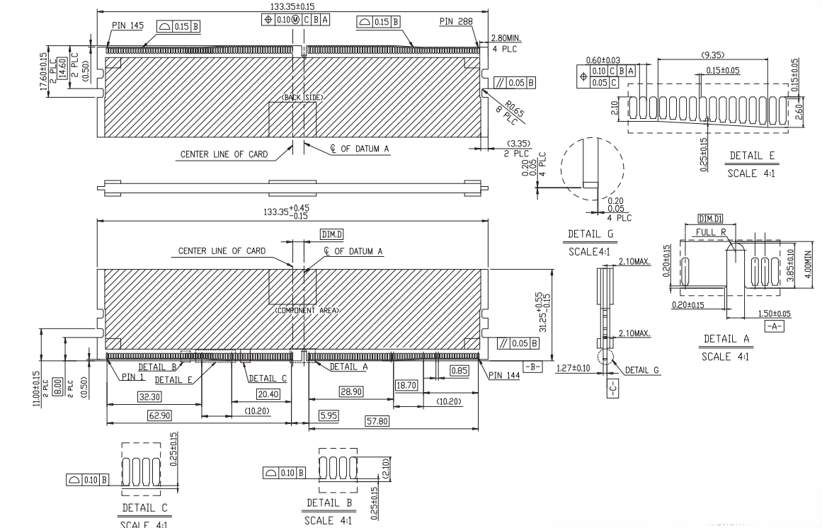 DDR5 288PIN RDIMM module dimension reference with detail views of contact spacing, key alignment, and form factor for tray compatibility