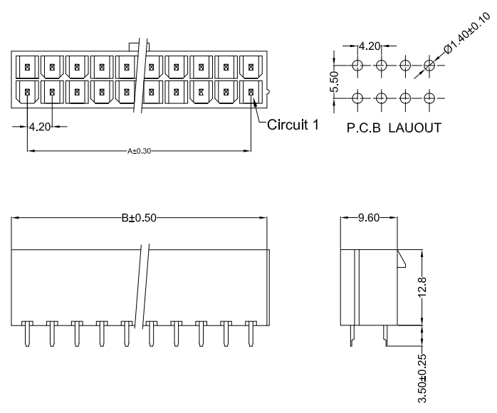 PCB layout drawing for ATX 4.2mm pitch 180 degree hollow pin connector – hole spacing 4.20mm, pad diameter 1.80mm, row offset