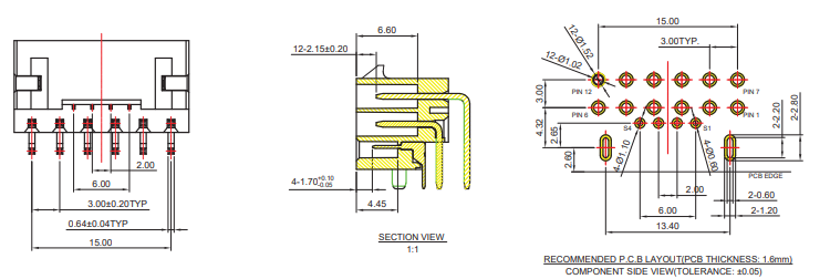 CONSHARE PCIe 12+4Pin right angle DIP wafer connector cross section view and PCB footprint layout drawing
