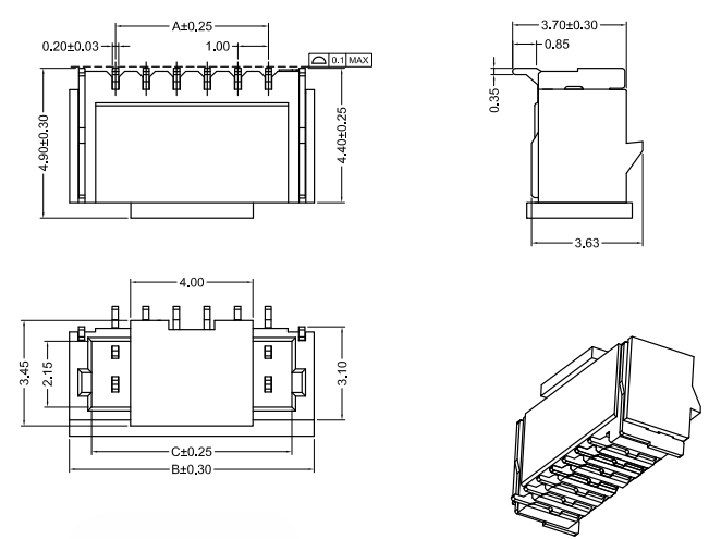 Dimensional drawing of CONSHARE 1.00mm pitch single-row vertical SMT connector with LCP housing, showing overall height, width, pin spacing and mounting footprint