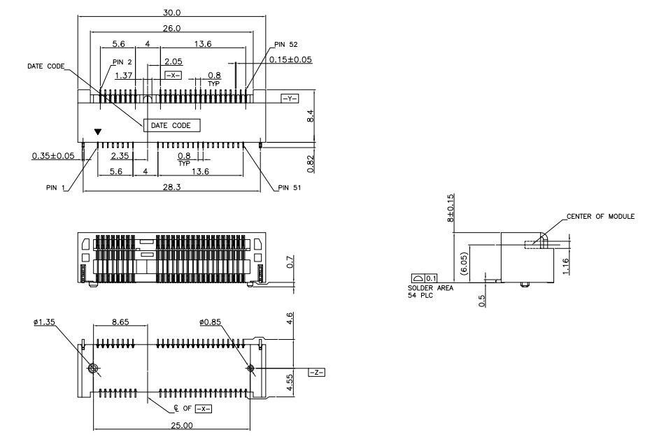 AF00780052R2 Mini PCIe Connector Mechanical Outline & Pinout Drawing