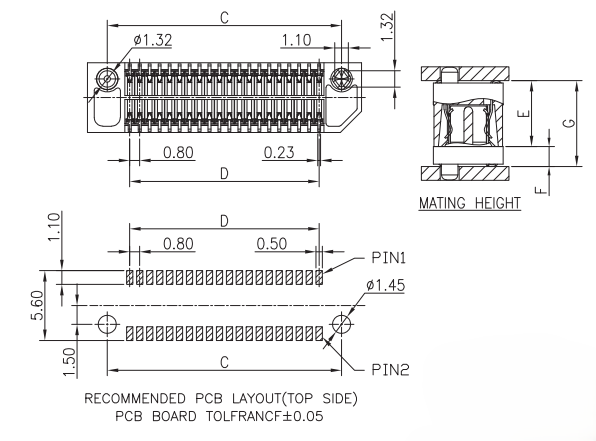 0.8mm pitch BTB female receptacle recommended PCB layout footprint and mating height diagram