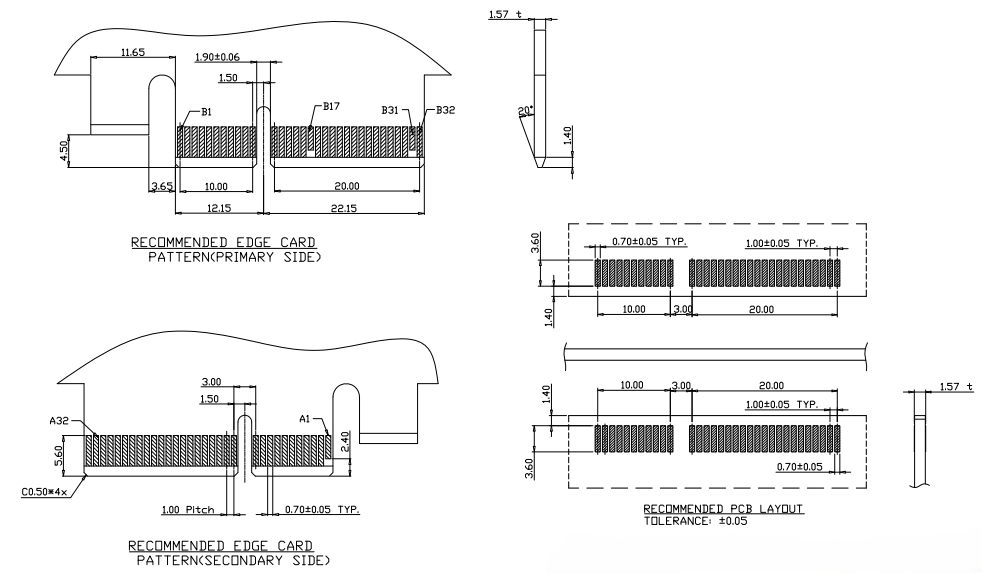 Recommended PCIe x4 edge card pattern and PCB land layout for CONSHARE 64-pin low-angle clamp SMT connector