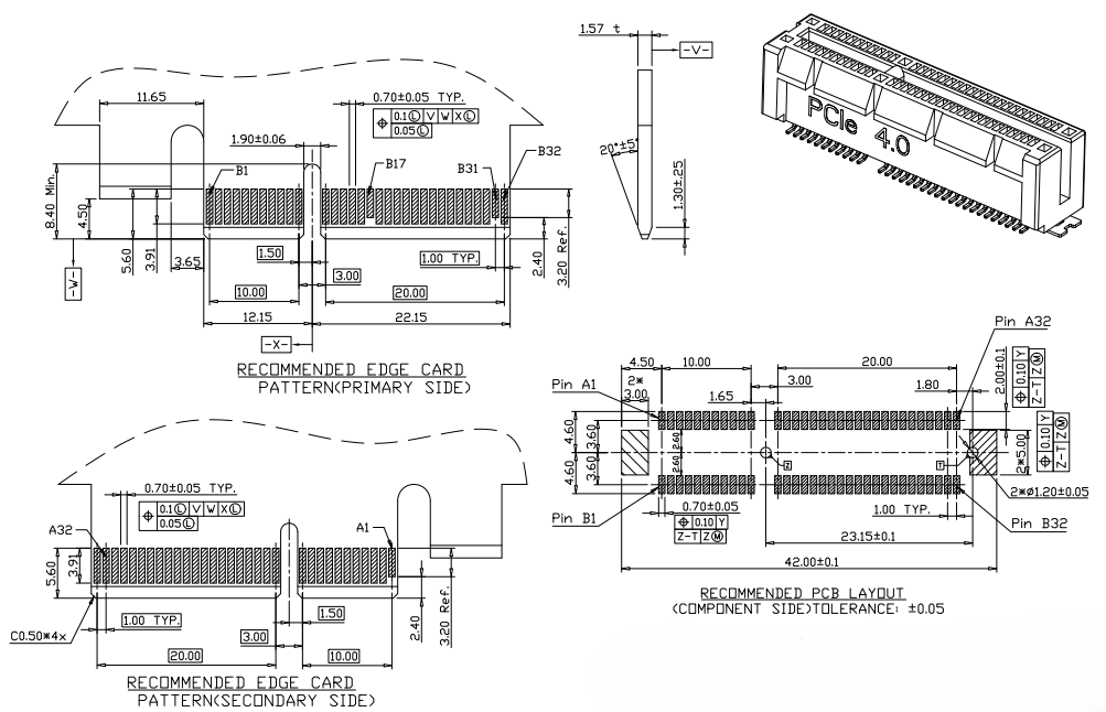PCIe Gen4 64P SMT connector recommended PCB layout, edge card pattern, and 3D isometric view