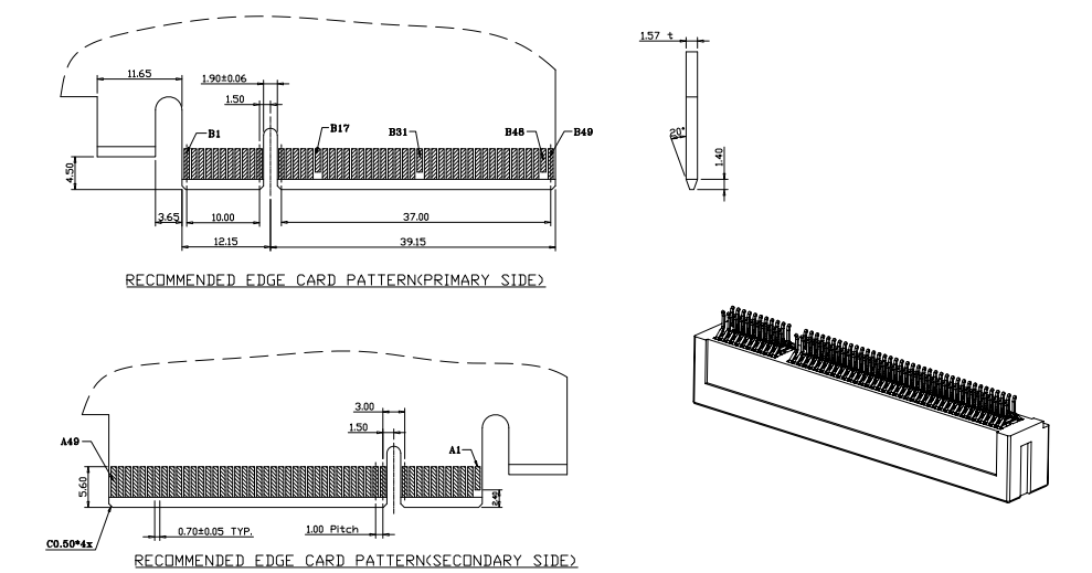 Recommended edge card pattern (primary and secondary sides) for the 98-pin PCIe Gen4 straddle-mount connector with 1.90 mm key notch, plus a 3D view of the assembled connector