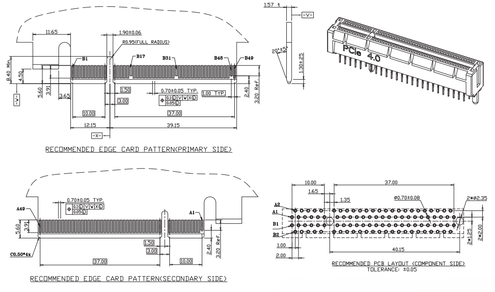Recommended edge card pattern and PCB layout for CONSHARE PCIe Gen4.0 98-pin slot connector, with primary and secondary side dimensions and 3D outline.