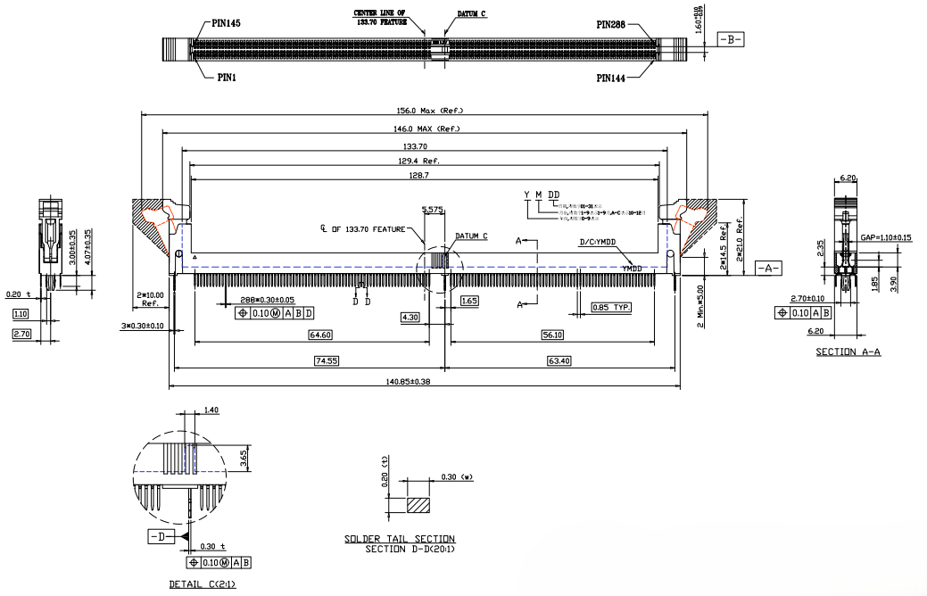 CONSHARE DDR4 288-pin DIMM socket side view showing 3.00 mm DIP solder tail and cross-section details