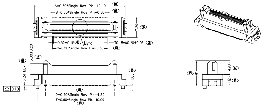 Top view mechanical drawing of CONSHARE 0.50mm pitch floating BTB male header showing pin numbering and overall dimension formulas A B C D E