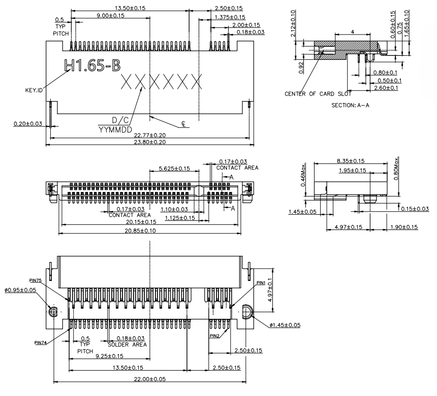 CONSHARE CUF029G67M142 M.2 B Key reversed socket mechanical drawing showing 1.65 mm height, key notch position, and contact dimensions.