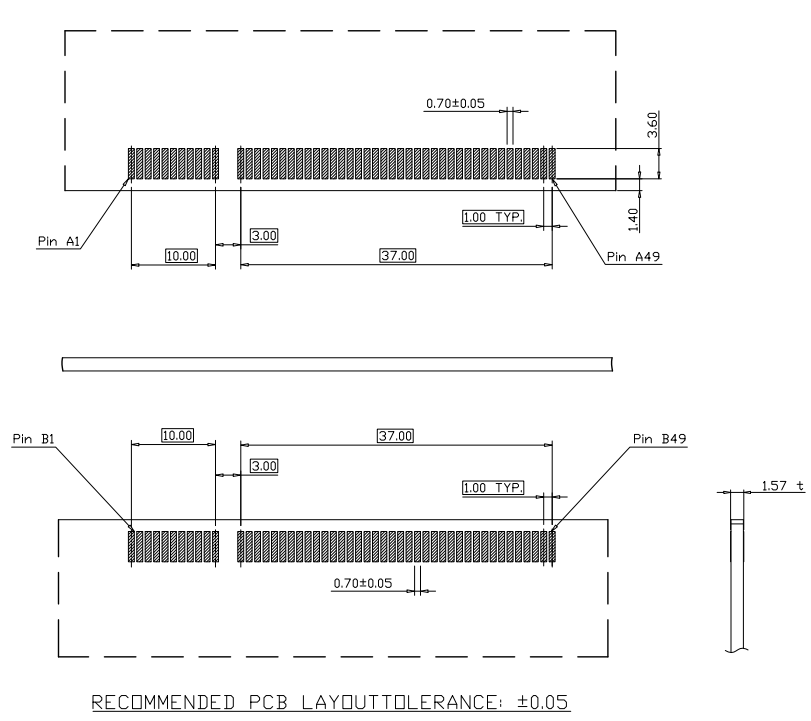 Recommended PCB layout for CONSHARE PCIe 98P clamp-type connector showing SMT pad placement for A1-A49 and B1-B49 rows, 0.70 mm pad width, and &plusmn;0.05 mm fabrication tolerance