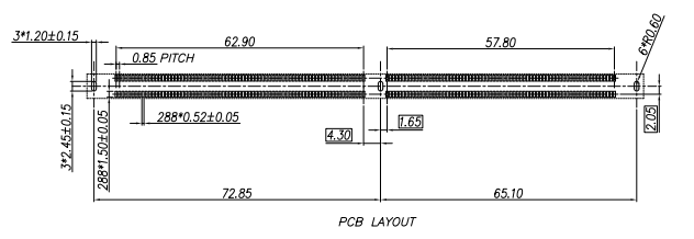 CONSHARE CUR018R5 DDR5 288-pin RDIMM connector PCB layout top view showing 0.85mm pitch footprint and mounting dimensions