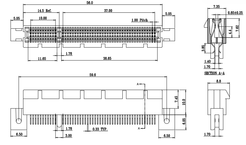 Mechanical drawing of PCIe 3.0 98P Low-Angle Clamp-Type Connector with screw-lock from CONSHARE, showing top view, side view and Section A-A detail with 56.0mm body length, 7.35mm card slot opening, 0.85mm contact gap, 1.40mm mating depth, 3.85mm solder tail, and 6.50mm mounting ear spacing for 1.60mm PCB applications