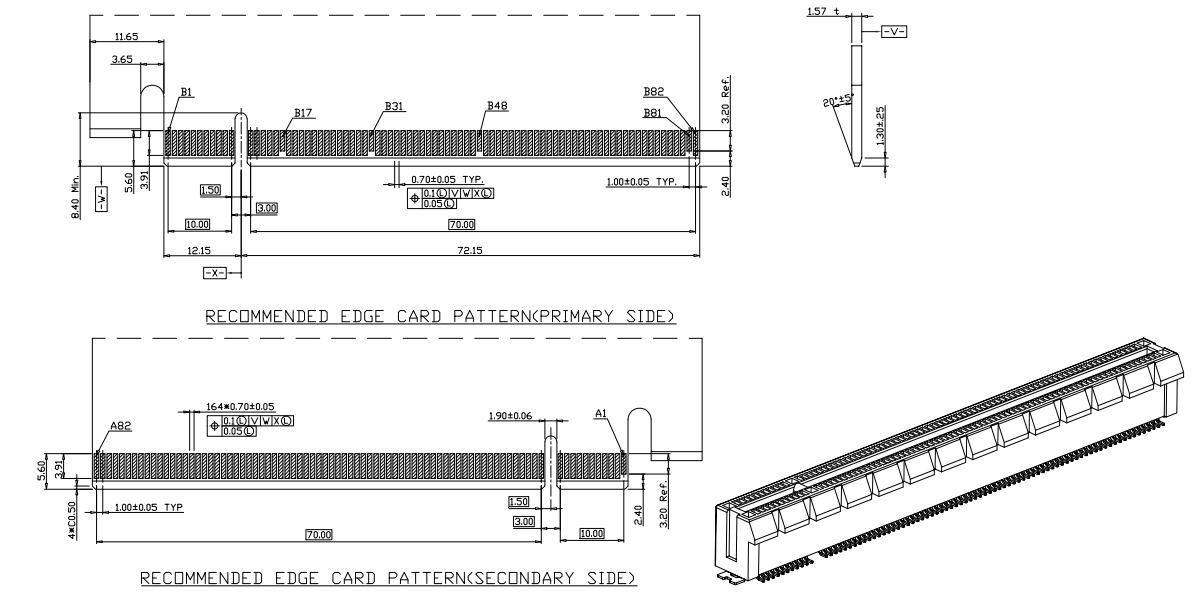 BR16402 PCIe Gen 4.0 164-pin SMT connector recommended edge card pattern and 3D isometric view