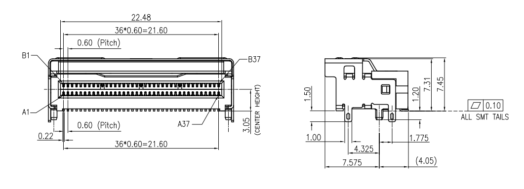 CONSHARE MCIO 74-pin right-angle SMT receptacle mechanical drawing with dimensions including 3.05mm center height and 1.50mm terminal length