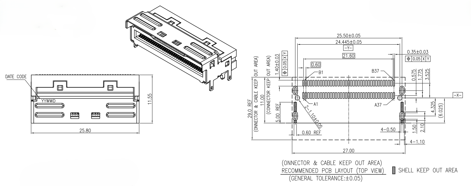 CONSHARE MCIO 74-pin right-angle SMT receptacle recommended PCB layout footprint with 0.60mm pitch and keep out area
