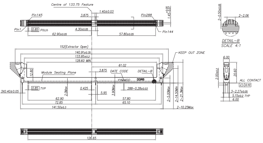 DDR5 288PIN RDIMM short latch hard tray overall view with 152mm extractor-open length, 133.75mm center feature, and 288-pin layout for module seating by CONSHARE