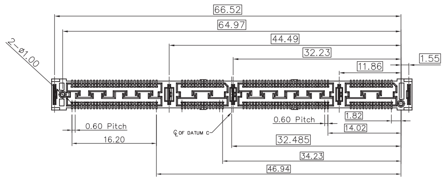 Overall top view outline dimensions and pin grid positioning for CONSHARE 168-pin vertical connector