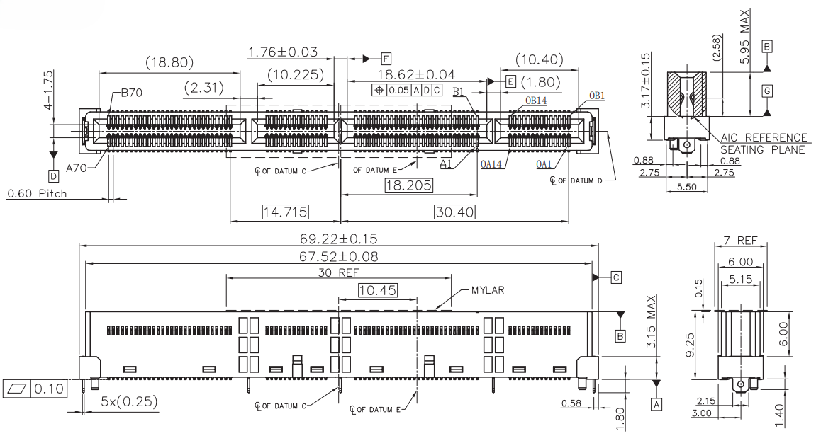Front view seating plane height, mylar tab positioning, and overall vertical clearance dimensions