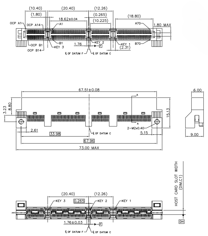 GEN Z 4C+ connector mechanical outline drawing with top view dimensions and host card slot width for CUGZ168B11A47